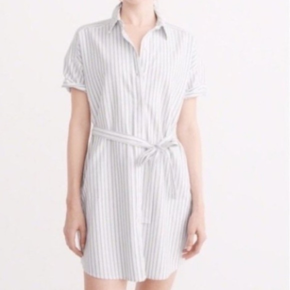 Abercrombie & Fitch Mini Striped White and Light Blue Belted Shirt Dress - Picture 1 of 9